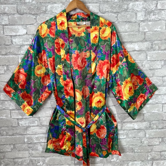 Vintage Victoria's Secret Women's Large Floral Kimono Gown Robe w/ Matching Belt - Picture 1 of 7